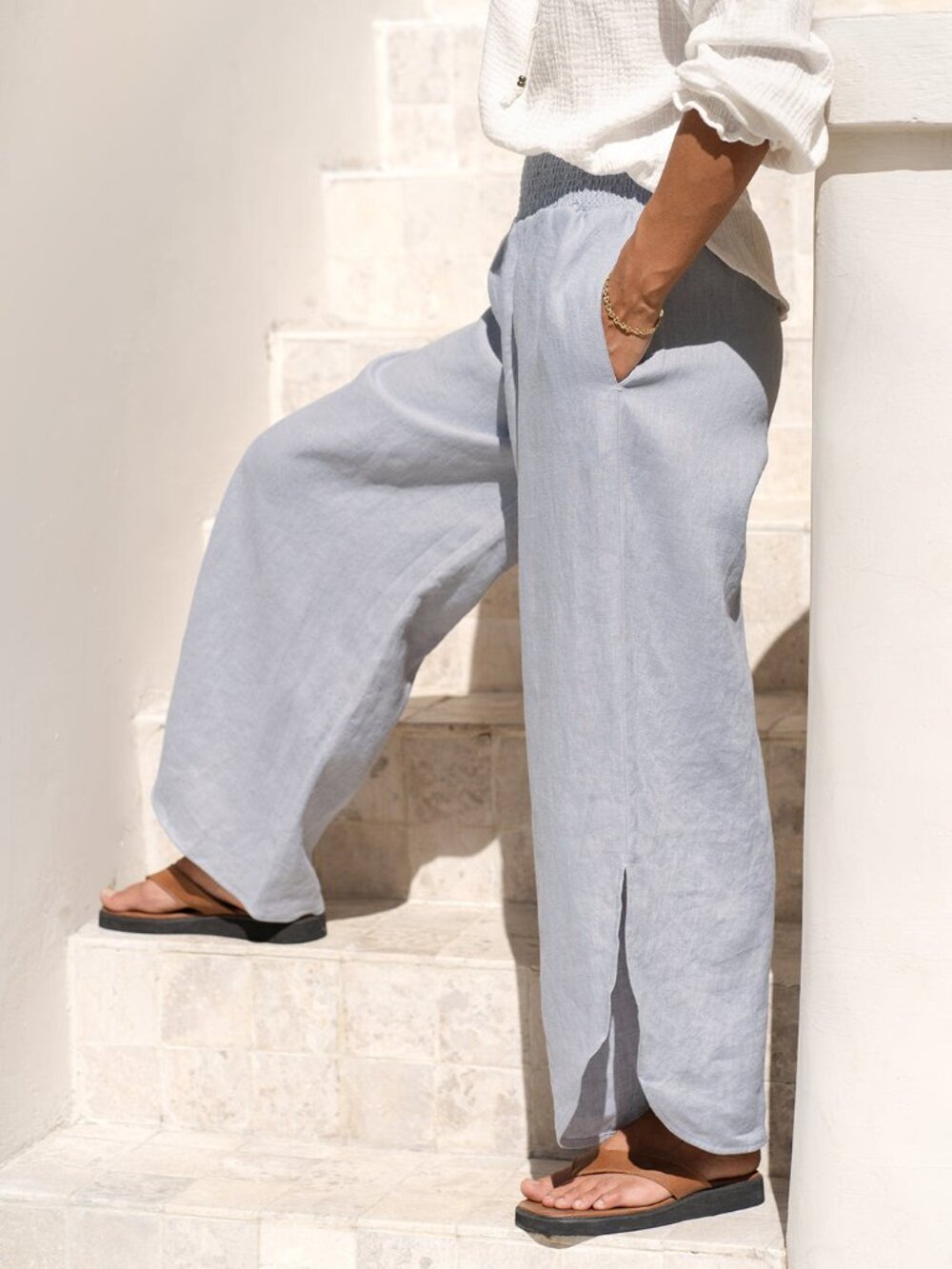Nomad the Label Siena French Linen Wide Leg Pants Slate Blue M